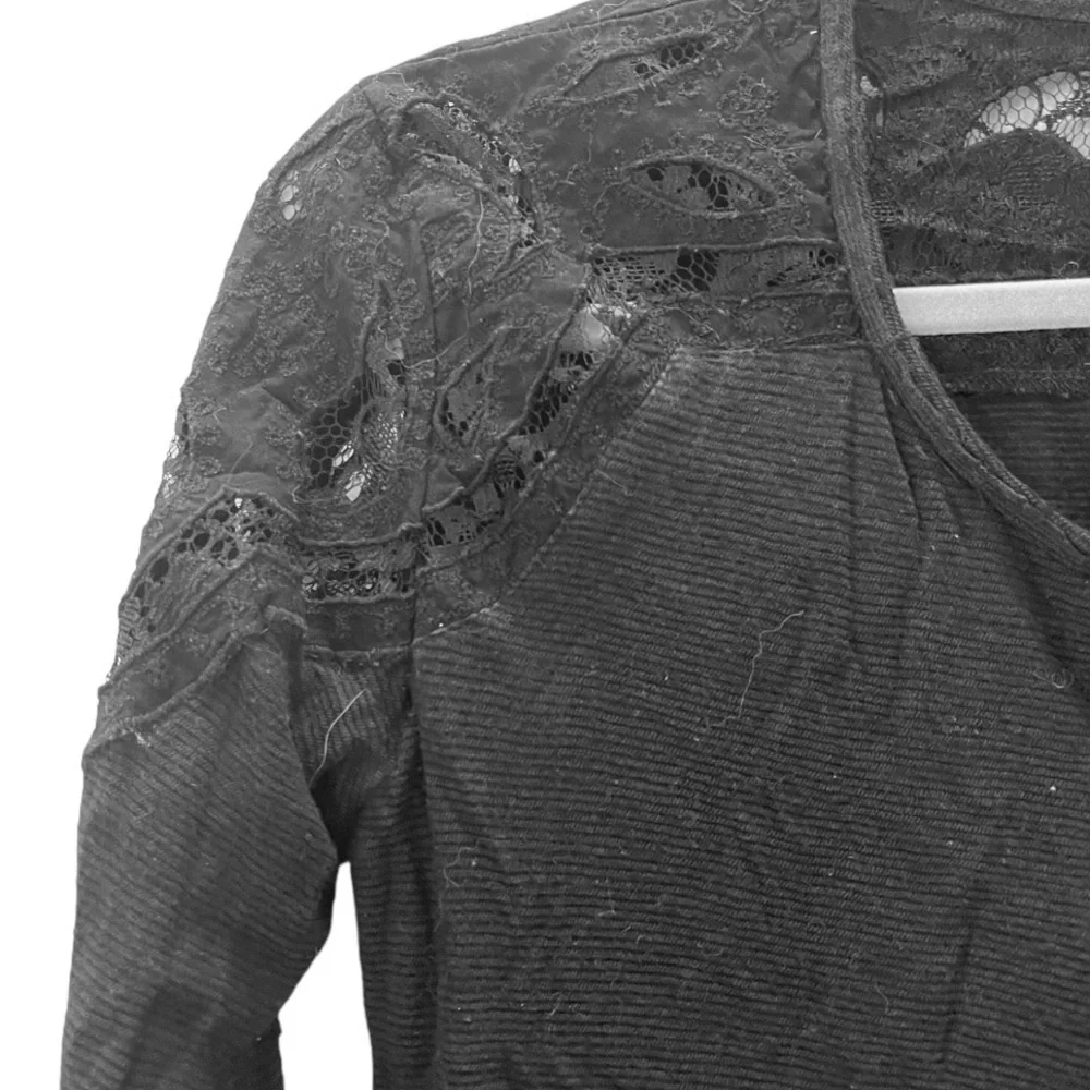 Free People‎ Jennie Lace Up Sheer Lace Shoulder Long Sleeve Top Black XS